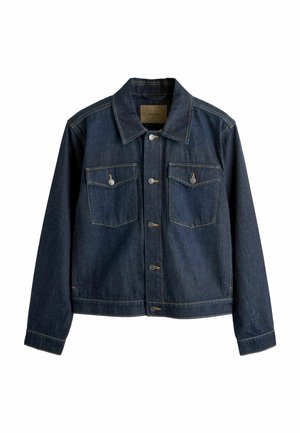Dunkelblaue Jeansjacke mit kragenförmigem Ausschnitt, Vorderknopfverschluss, zwei Brusttaschen und kontrastierenden Steppnähten.
