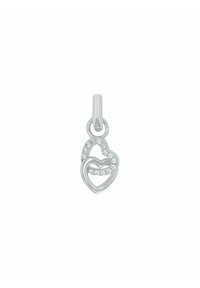 Due pendenti a forma di cuore intrecciati in argento, uno bordato con pietre trasparenti, caratterizzati da una finitura lucida e un attacco a gancio sicuro.
