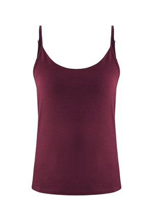 Top in borgogna con spalline sottili e regolabili, realizzato in tessuto morbido in cotone misto, con scollatura arrotondata e orlo dritto.