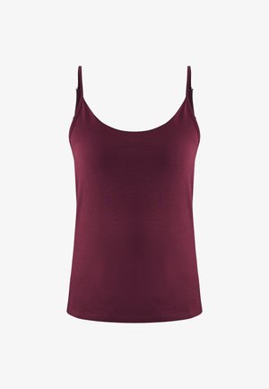 Top in borgogna con spalline sottili e regolabili, realizzato in tessuto morbido in cotone misto, con scollatura arrotondata e orlo dritto.