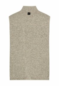 Beige ärmellose Strickweste mit strukturiertem Strick, hohem Kragen und einem dezenten Logo auf der Rückseite. Klare Linien und minimalistisches Design.