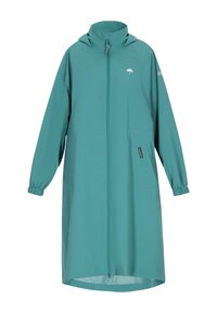 Tengerzöld esőkabát kapucnival, teljes cipzárral, elasztikus mandzsettákkal és oldalzsebekkel. Sima, könnyű anyag minimális dizájnnal.