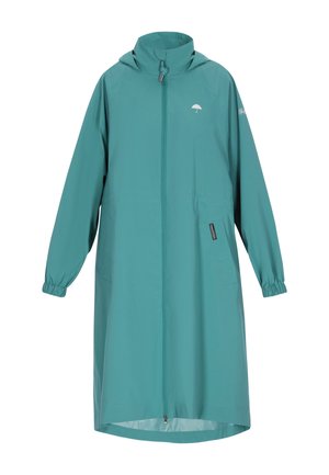 Blågrøn regnjakke med hætte, fuld lynlås, elastiske manchetter og sidelommer. Glat, let stof med et minimalistisk design.