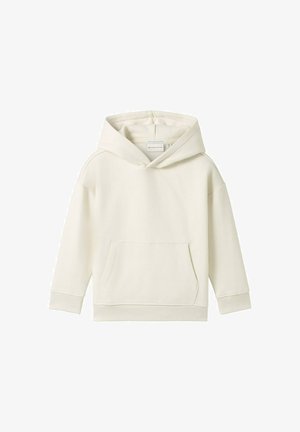 Sweat à capuche couleur crème avec cordon, poche kangourou et poignets côtelés. Fabriqué en tissu doux avec une texture lisse et une coupe décontractée.