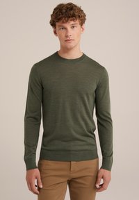 Green knit sweater with long sleeves, round neckline, and ribbed cuffs. Soft texture, fitted silhouette, and subtle color variations.