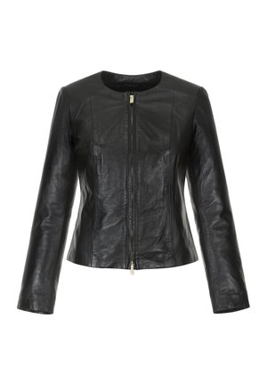 Czarna skórzana kurtka z okrągłym dekoldem, dopasowanym krojem, zamkiem z przodu i długimi rękawami. Gładka tekstura z minimalnym przeszyciem.
