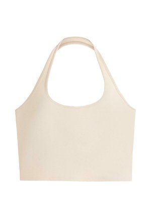 Beige halter neck crop top with wide straps and a scoop neckline, made of soft, stretchy fabric.