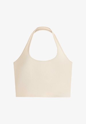 Beige halter neck crop top with wide straps and a scoop neckline, made of soft, stretchy fabric.