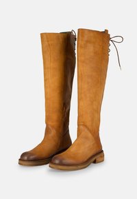 Bottes en cuir hautes de couleur marron clair. Texture lisse avec un embout arrondi, fermeture éclair sur le côté et lacets décoratifs en haut. Semelle en bois plate.