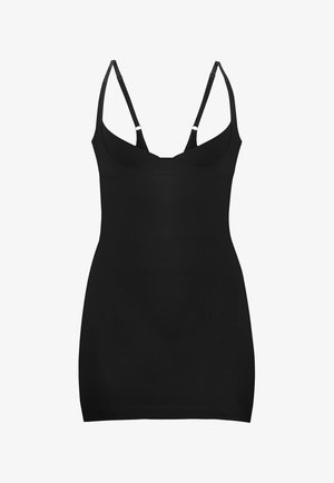 Sort shapewear kjole med justerbare stropper, glat stof, tætsiddende design og sømløs konstruktion, velegnet til at lagre under tøj.