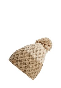 Knit beanie in cream and brown tones with a textured pattern, featuring a textured pom-pom on top and a small label.