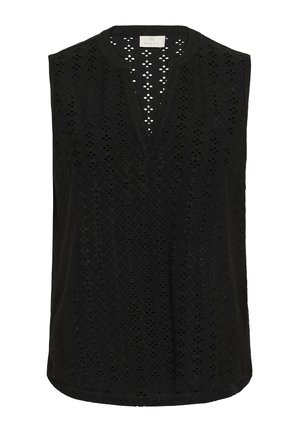 Débardeur noir sans manches avec un col en V, présentant un design à œillets imprimé et un ourlet droit. Fabriqué en tissu léger.