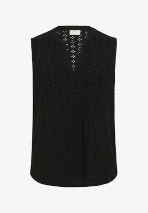 Black sleeveless top with a V-neck, featuring a patterned eyelet design and a straight hem. Made from lightweight fabric.