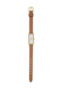 Reloj con correa de cuero marrón, caja rectangular en tono dorado y esfera blanca. Presenta marcadores de cristal y un cierre de hebilla clásica.