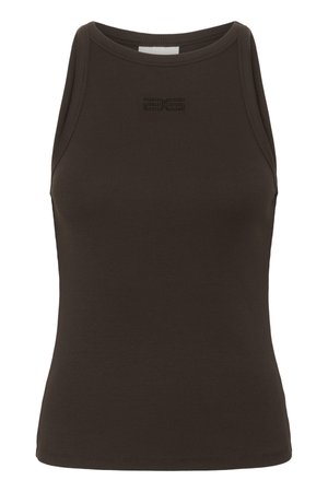 Brun ribbet tanktop med høy hals og ermeless design, med en subtil logo på brystområdet. Laget av elastisk stoff.