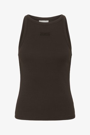 Top in cotone marrone a coste con scollatura alta e senza maniche, caratterizzato da un logo discreto nella zona del petto. Realizzato in tessuto elasticizzato.