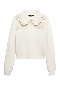 Jersey tejido de color crema con cuello adornado con encaje, diseño cropped, mangas largas y detalle de escote con abertura en forma de ojo de cerradura.