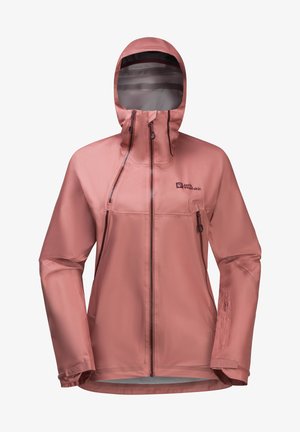 Hellrosa, wasserdichte Jacke mit Kapuze, zwei Reißverschlusstaschen und glatter Textur. Verfügt über einen hohen Kragen und verstellbare Bündchen.