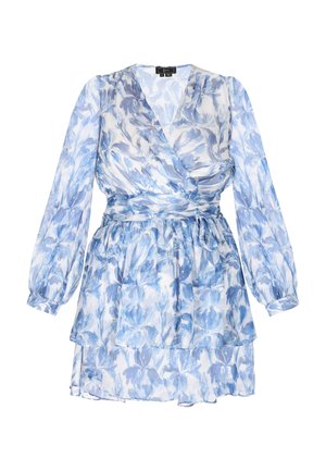 Kwiecista sukienka w odcieniach jasnego niebieskiego, z długimi bufkami, warstwowymi falbanami i paskiem do zawiązania, który podkreśla talię.