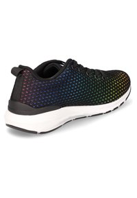 Black athletic shoe with a mesh upper featuring a gradient pattern from purple to green, molded white midsole, and black sole.