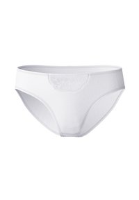 Brief in cotone bianco con dettagli in pizzo floreale a scalloped sul davanti. Presenta una vita standard e una texture liscia.