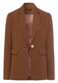 Brązowa marynarka z gładkiej tkaniny o dopasowanym kroju, z dwoma przednimi kieszeniami, pojedynczym zapięciem na guzik oraz podszewką w kropki.
