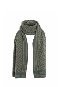 Geweven sjaal in gedempt groen en beige, met een geometrisch patroon en een contrasterende rand. Zachte textuur met een rechthoekige vorm.