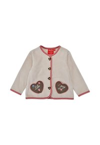 Fleece-Cardigan in Beige mit rotem Karomuster. Verfügt über zwei herzförmige Taschen mit floralen Stickereien und Holzknöpfen.