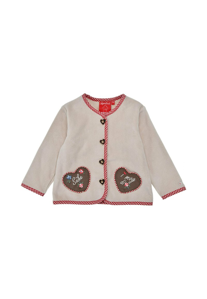 Fleece-Cardigan in Beige mit rotem Karomuster. Verfügt über zwei herzförmige Taschen mit floralen Stickereien und Holzknöpfen.