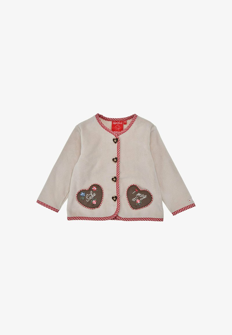 Fleece cardigan in beige with red check trim. Features two heart-shaped pockets with floral embroidery, and wooden buttons.