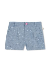 Helblauwe shorts van een gestructureerde stof, met een roze knoop, plooien en verspreide zilveren en witte pailletten.