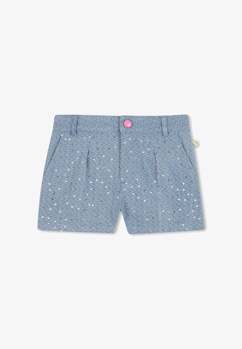 Helblauwe shorts van een gestructureerde stof, met een roze knoop, plooien en verspreide zilveren en witte pailletten.