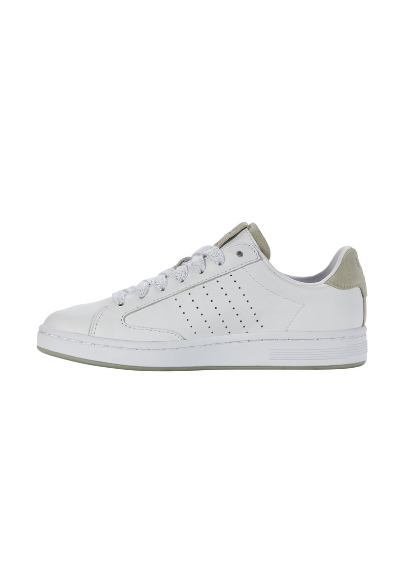 White leather sneaker with light gray accents, round toe, flat rubber sole, perforated side detail, and contrasting textured heel panel.