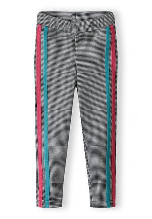 Schwarz-weiße Hahnentrittmuster-Leggings in Knöchellänge mit elastischem Bund und kontrastierenden rosa und blauen Seitestreifen.