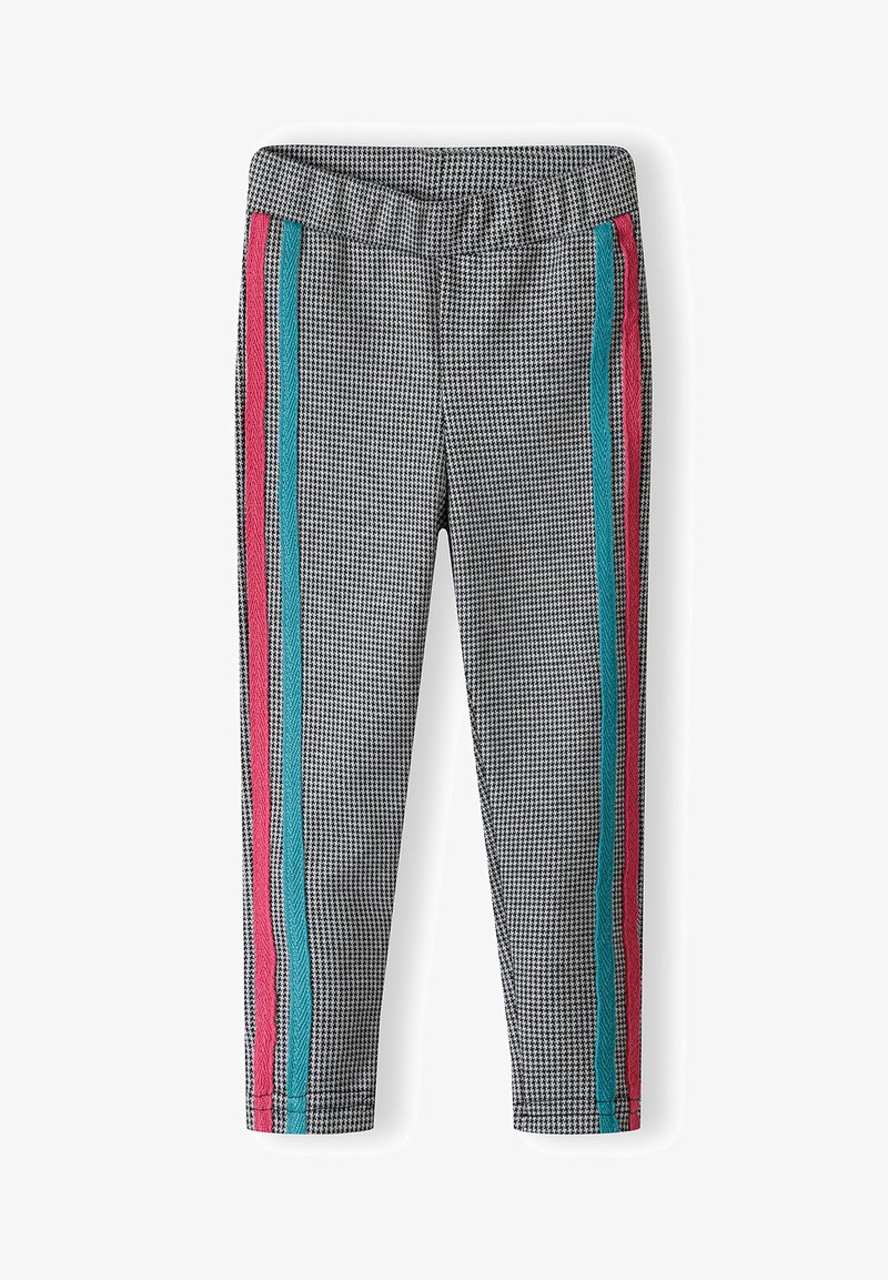 Leggings alla caviglia in bianco e nero a motivo houndstooth, con vita elastica e strisce laterali a contrasto rosa e blu.