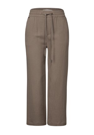 Pantaloni palazzo color marrone chiaro, realizzati in un tessuto texturizzato. Presentano una vita elasticizzata con lacci e una vestibilità rilassata.