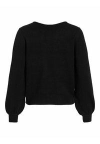 Suéter corto negro con cuello redondo, mangas largas abullonadas y dobladillo acanalado. Textura suave, diseño simple sin herrajes visibles.