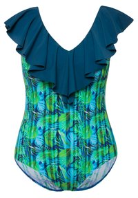 Maillot de bain une pièce dans un motif de feuilles tropicales bleu et vert, présentant un décolleté en V profond et une encolure volée de couleur bleu foncé.