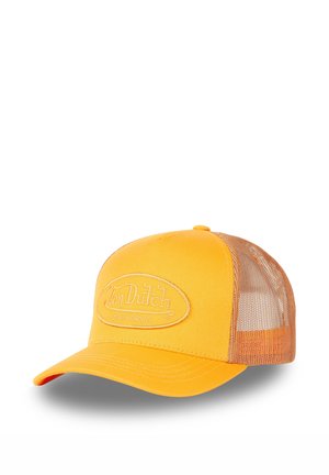 Casquette de camionneur jaune avec un panneau avant solide et un dos en mesh. Présente un patch logo brodé sur le devant. Visère courbée avec des détails de couture.