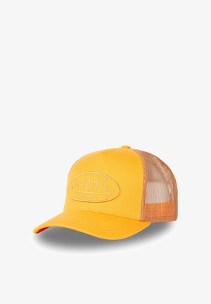 Casquette de camionneur jaune avec un panneau avant solide et un dos en mesh. Présente un patch logo brodé sur le devant. Visère courbée avec des détails de couture.