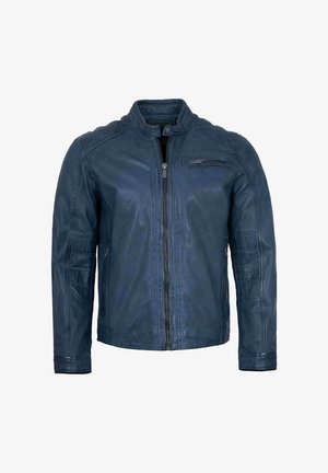 Marineblaue Lederjacke mit Stehkragen, Reißverschluss und gesteppter Schulterpartie. Verfügt über eine Reißverschlusstasche auf der Brust und eine glatte Oberfläche.