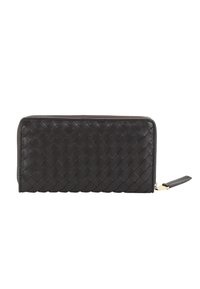 Black leather wallet with woven texture, gold-tone zipper, and a wrist strap. Rectangular shape with a smooth finish and no visible logo.