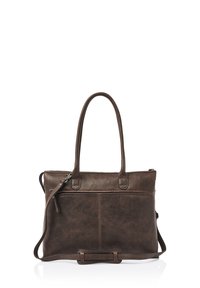 Braune Ledertasche mit zwei langen Griffen, einem Reißverschluss, einer Fronttasche und einem abnehmbaren Schultergurt. Glatte Textur mit mattem Finish.