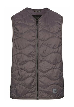 Gestepptes ärmelloses Westchen in Dunkelgrau mit hohem Kragen, Frontreißverschluss und wellenförmigem Muster. Logo-Patch am Saum.