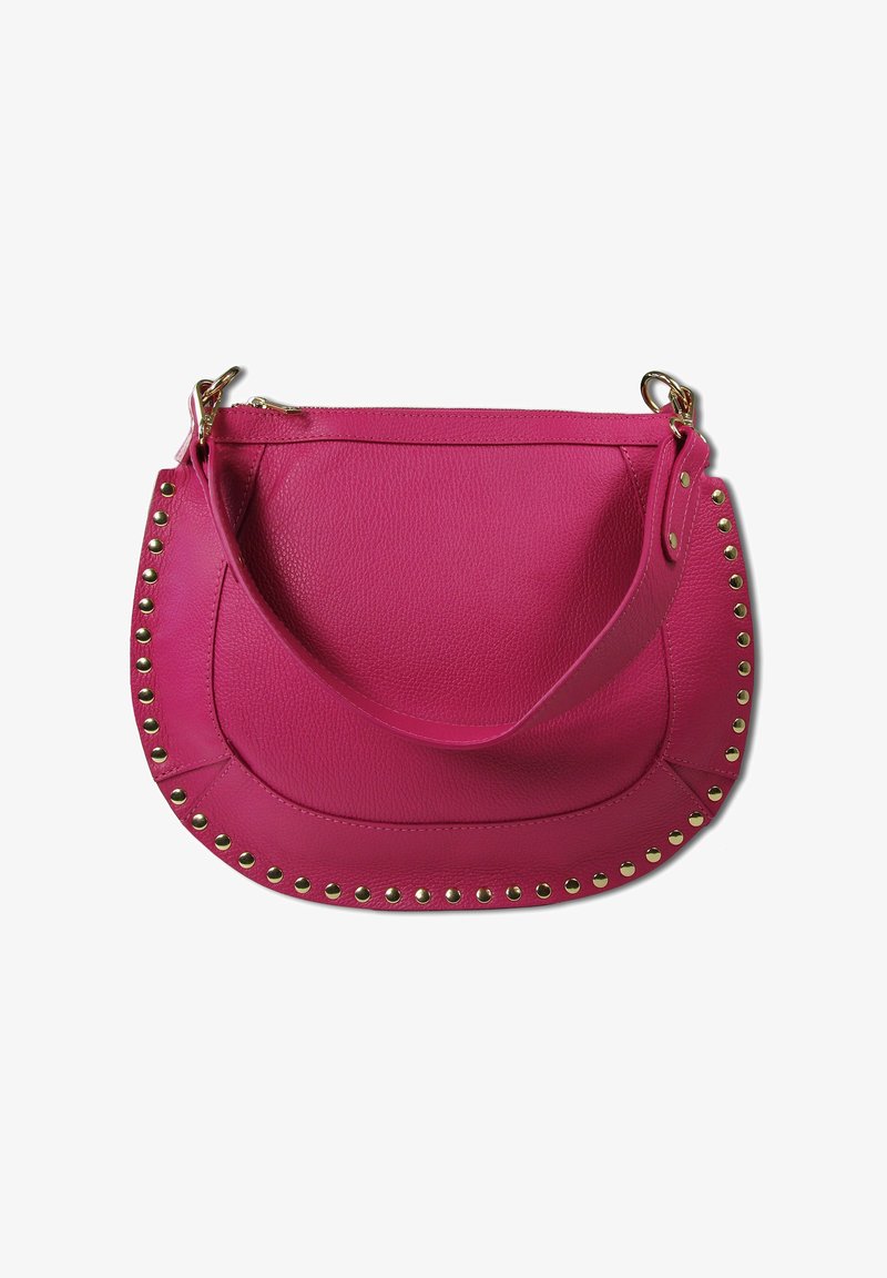 Roze leren handtas met een afgeronde vorm, voorzien van goudkleurige studs langs de onderrand en een enkele schouderband.