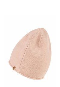 Lyserød strikket hue med en afrundet krone og subtil ribbede tekstur, med et lille vævet logomærke på siden.