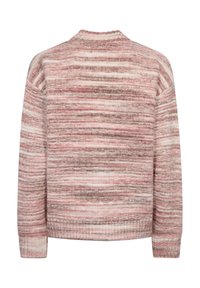 Gebreide trui in roze en beige tinten met horizontale strepen. Bevat een ronde halslijn en lange mouwen met geribbelde manchetten. Zachte textuur.