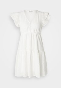 White dress made of textured fabric with eyelet details, short ruffled sleeves, a V-neck, and a tiered skirt design.