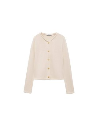 Cardigan tricotat crem, cu guler rotund, mâneci lungi și șase nasturi aurii pe față. Design simplu, cu o textură interesantă.