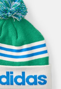Πλεκτό σκουφάκι σε πράσινο, άσπρο και μπλε, με άσπρη λωρίδα με μπλε ρίγες και πολύχρωμο πομ-πομ στην κορυφή. Το λογότυπο "adidas" εμφανίζεται έντονα.